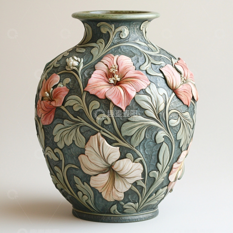 高清大图下载【趣麦麦图】雕刻花卉陶罐