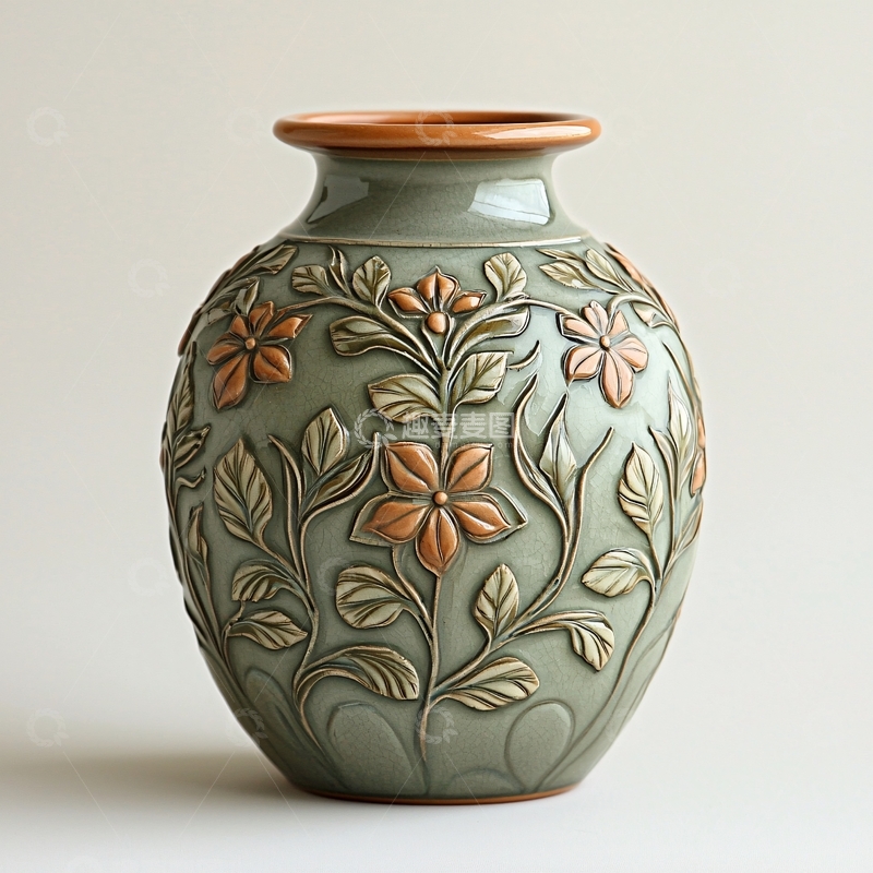 高清大图下载【趣麦麦图】青色花纹陶瓷花瓶