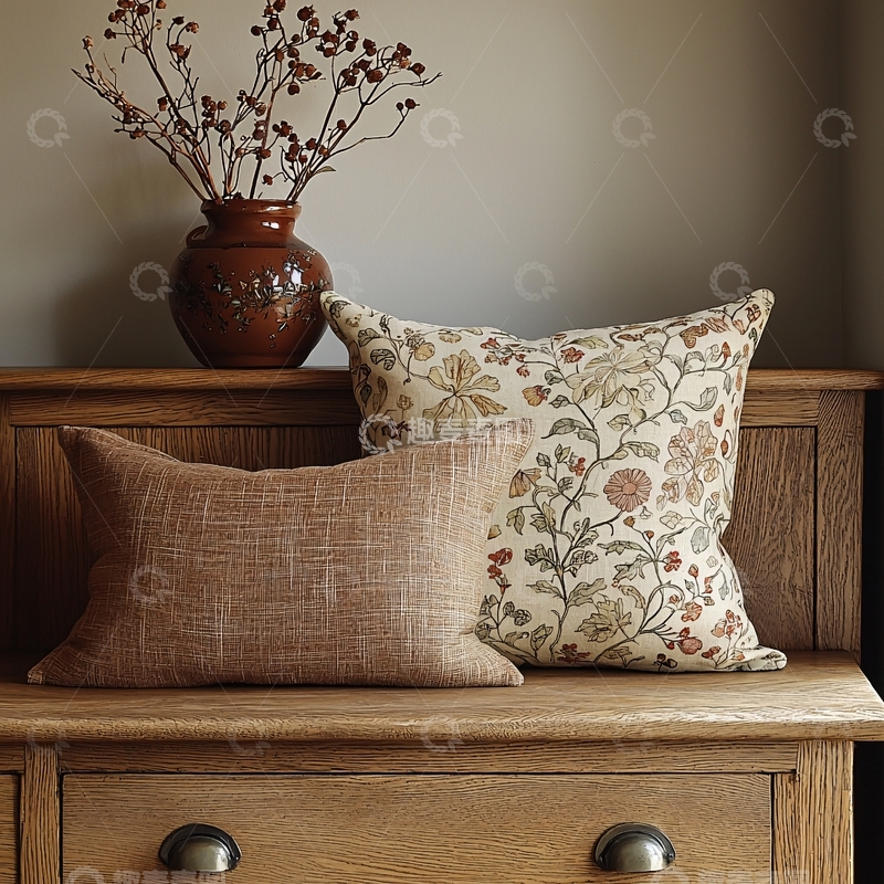 高清大图下载【趣麦麦图】乡村风情：花瓶与靠垫的静谧