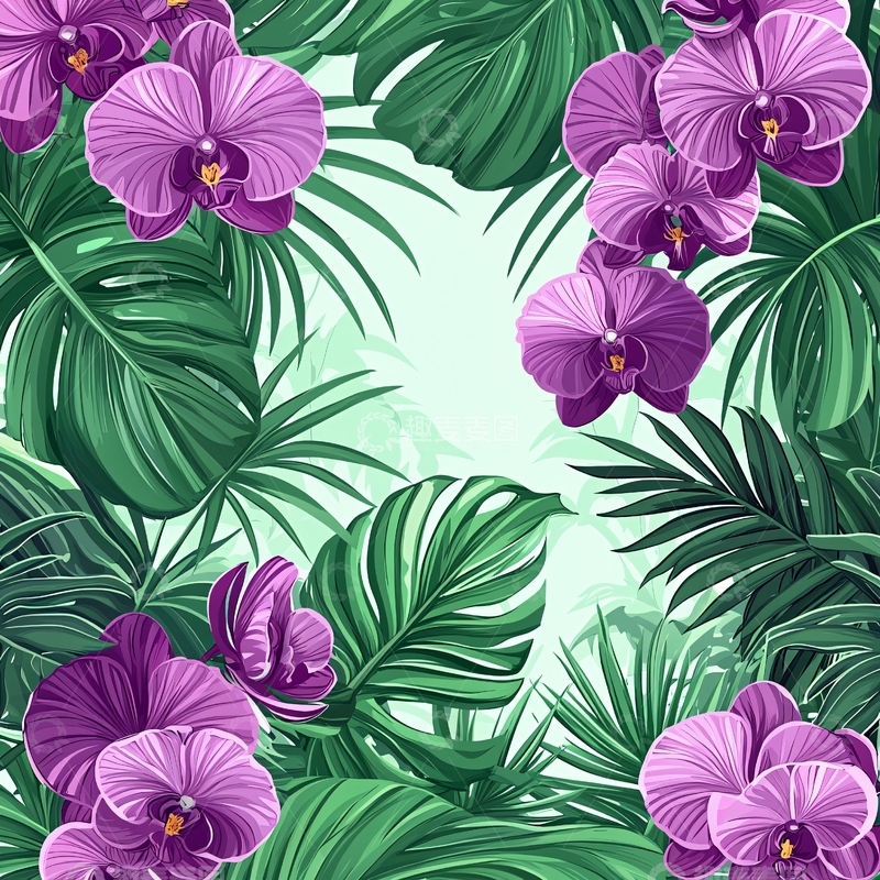 高清大图下载【趣麦麦图】紫色兰花热带叶子背景