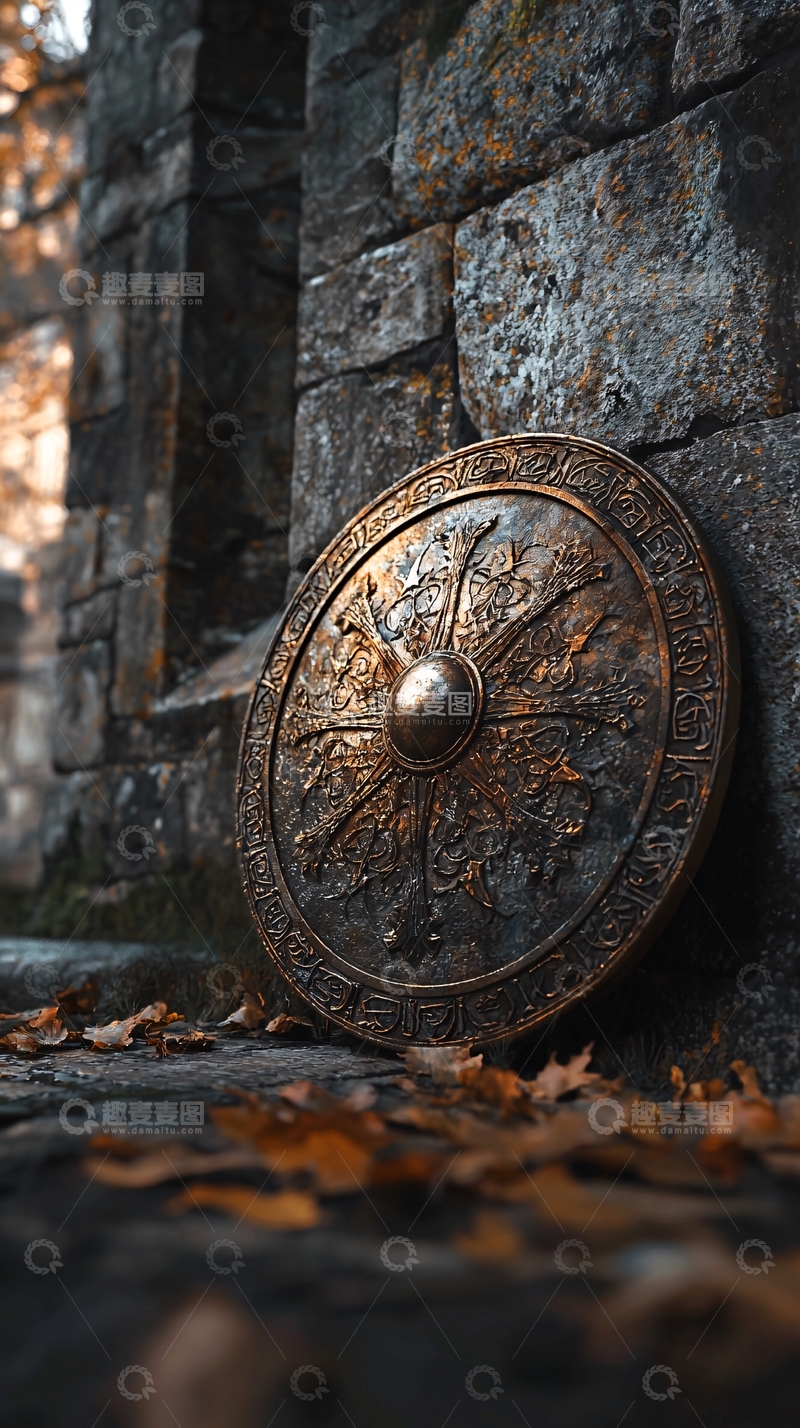 高清大图下载【趣麦麦图】古堡石墙旁的古老盾牌