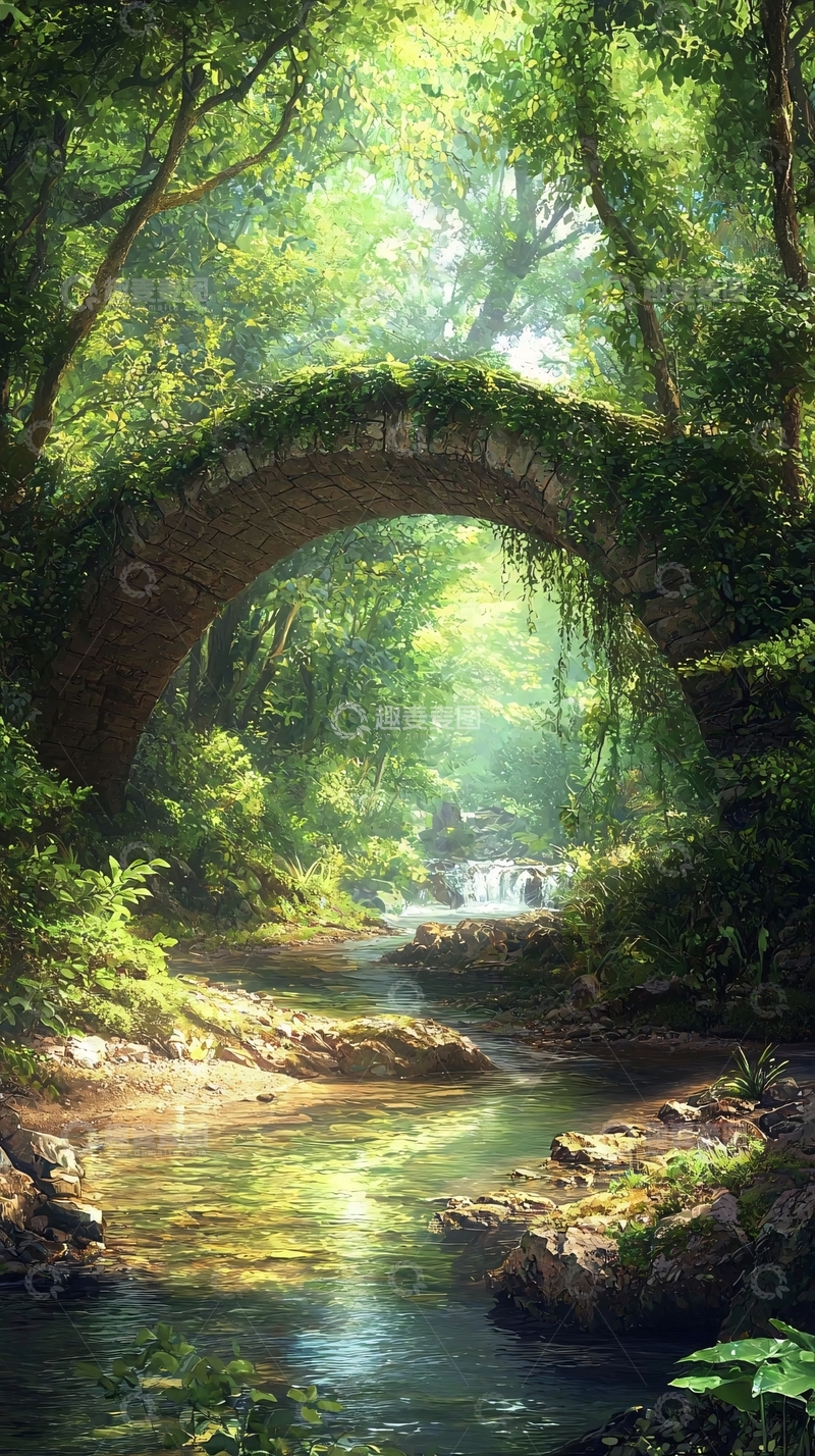 高清大图下载【趣麦麦图】绿树成荫下的古石桥