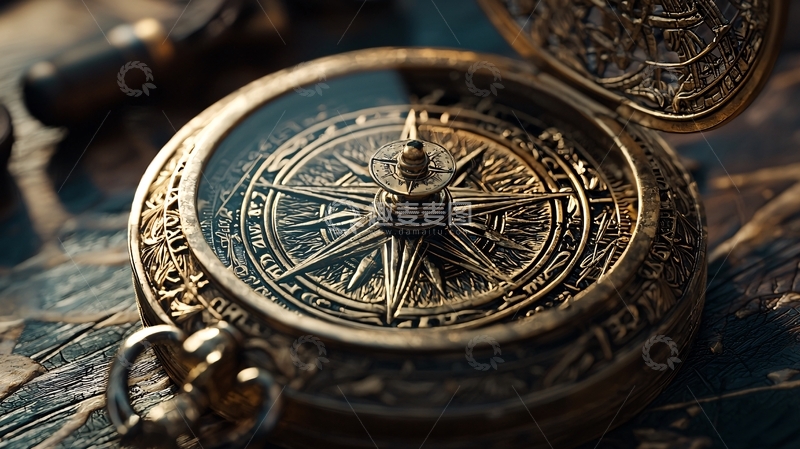 高清大图下载【趣麦麦图】复古金色怀表罗盘特写