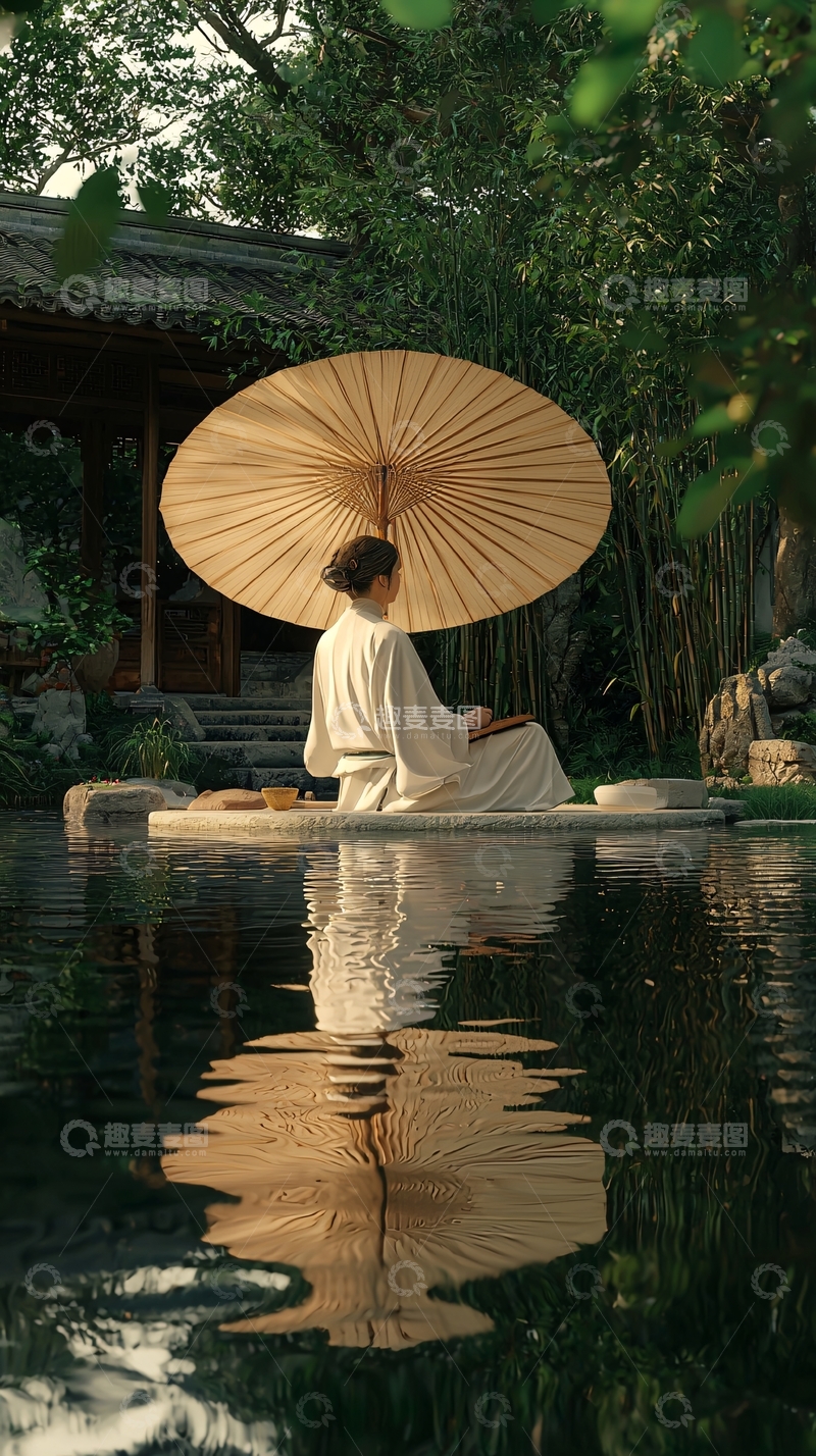 高清大图下载【趣麦麦图】女子撑伞静坐池边