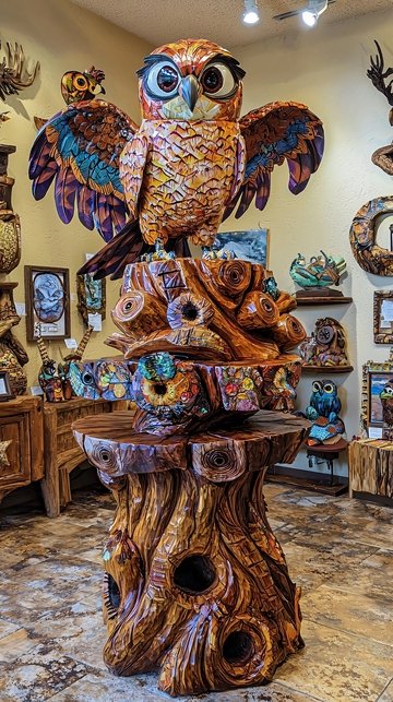 展开翅膀的雕刻猫头鹰