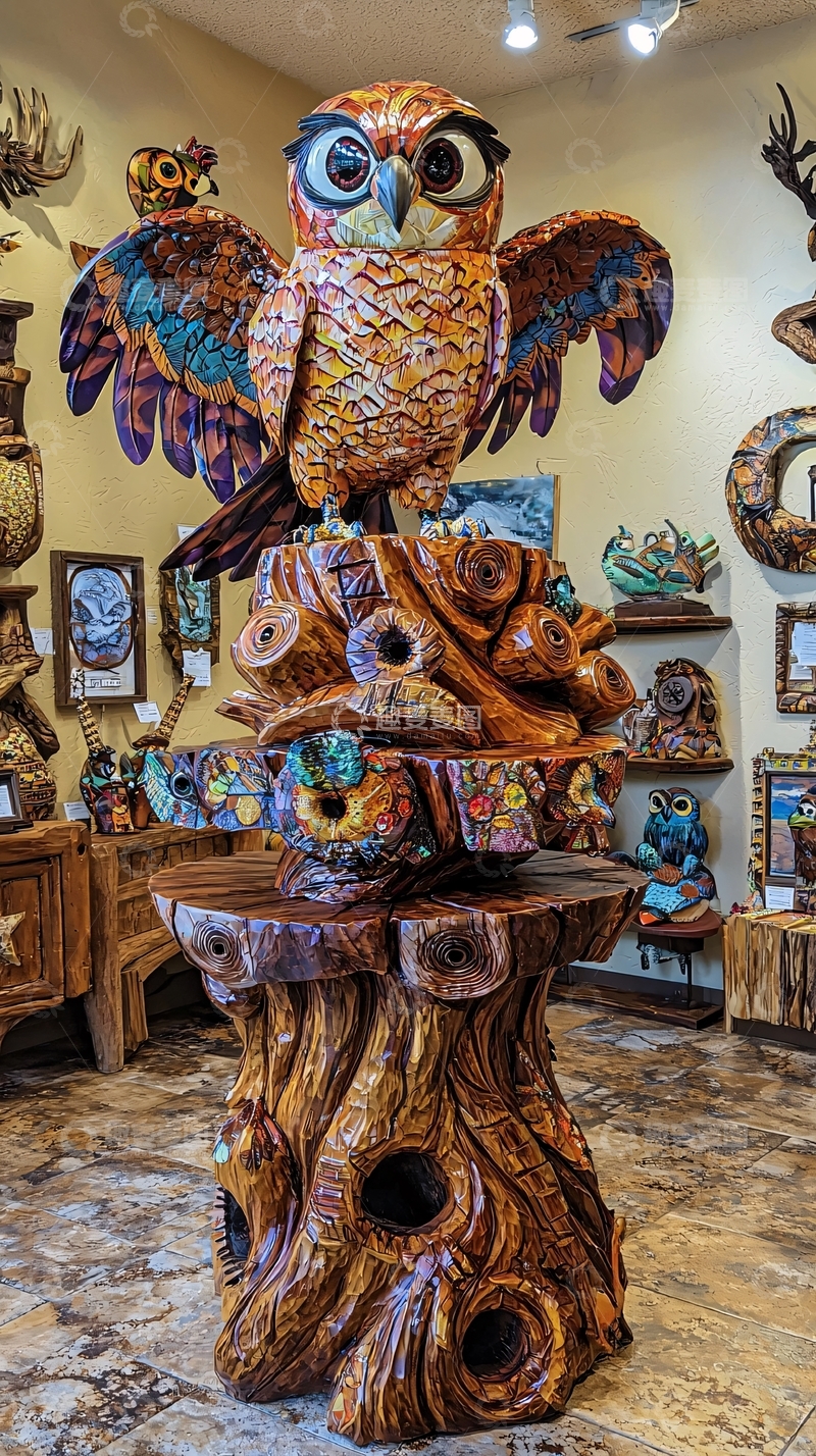 高清大图下载【趣麦麦图】展开翅膀的雕刻猫头鹰