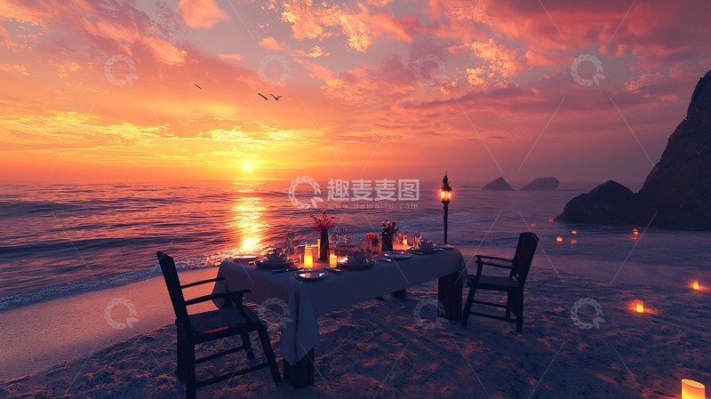 高清大图下载【趣麦麦图】海滩日落浪漫晚餐