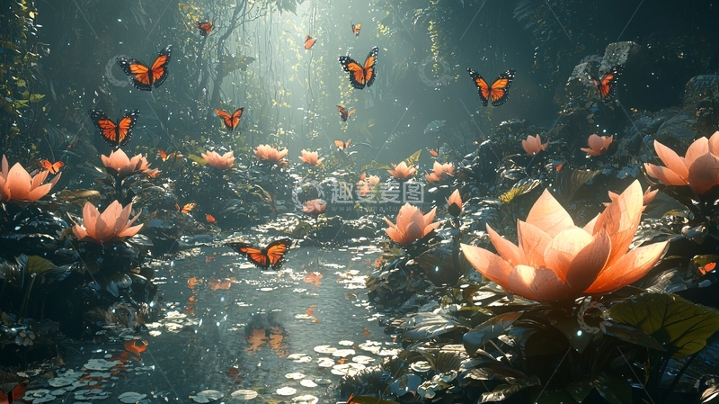 高清大图下载【趣麦麦图】梦幻荷塘飞舞蝴蝶