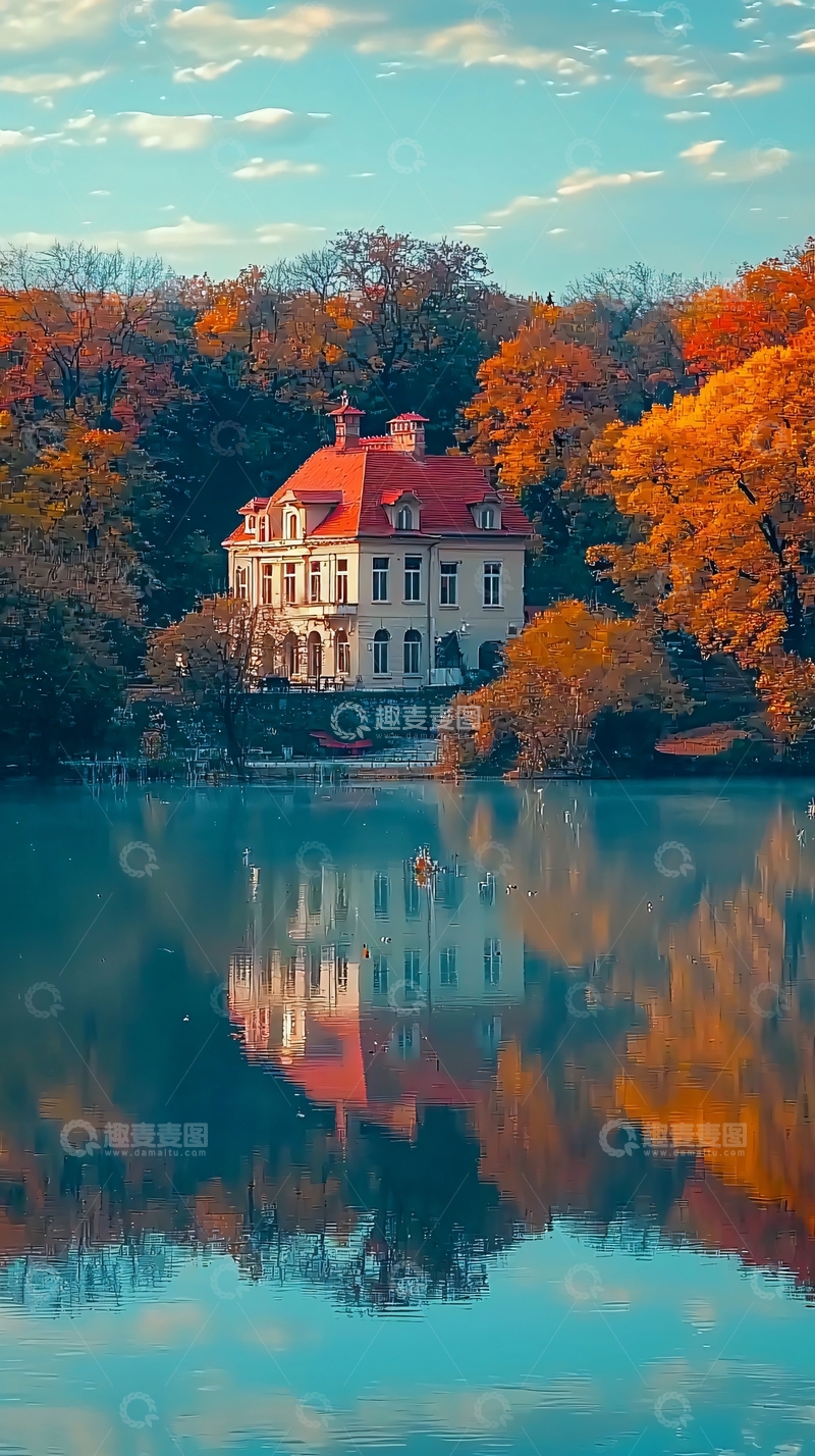 高清大图下载【趣麦麦图】秋日湖边红顶别墅