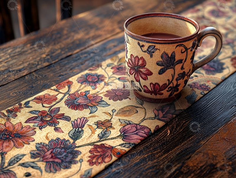 高清大图下载【趣麦麦图】木桌上的花纹咖啡杯