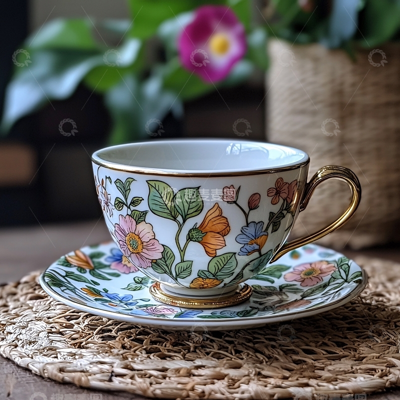高清大图下载【趣麦麦图】精美花卉图案茶杯碟