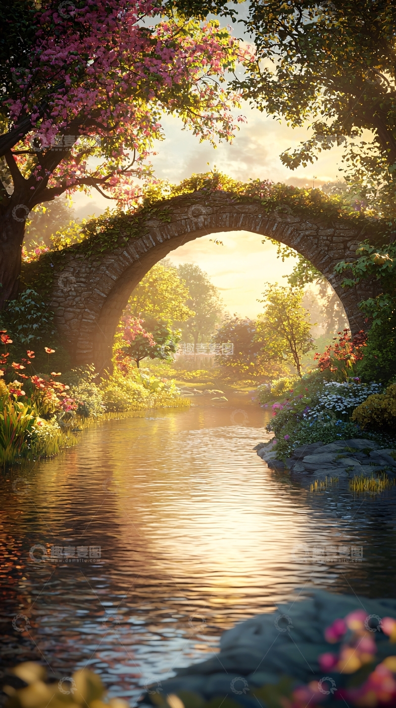 高清大图下载【趣麦麦图】春意盎然的石拱桥溪流