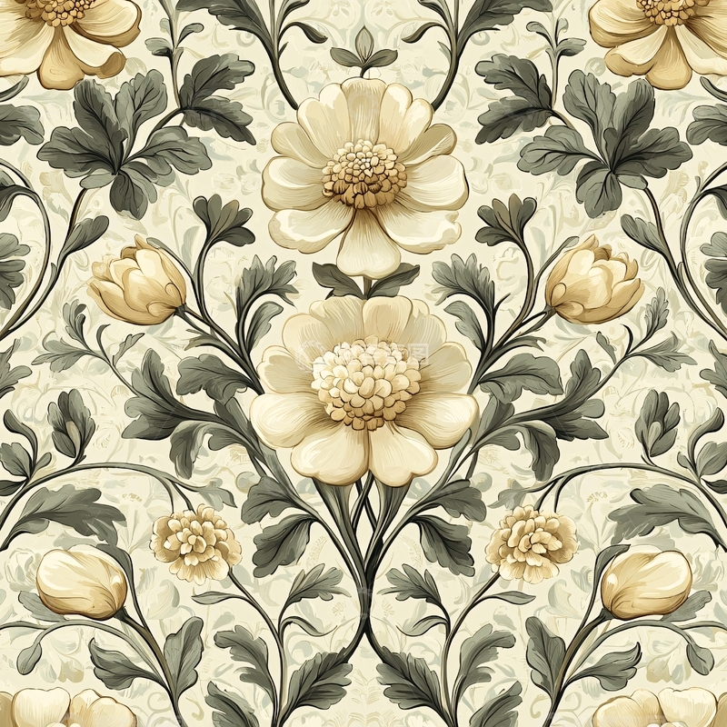 高清大图下载【趣麦麦图】米色花卉对称复古壁纸