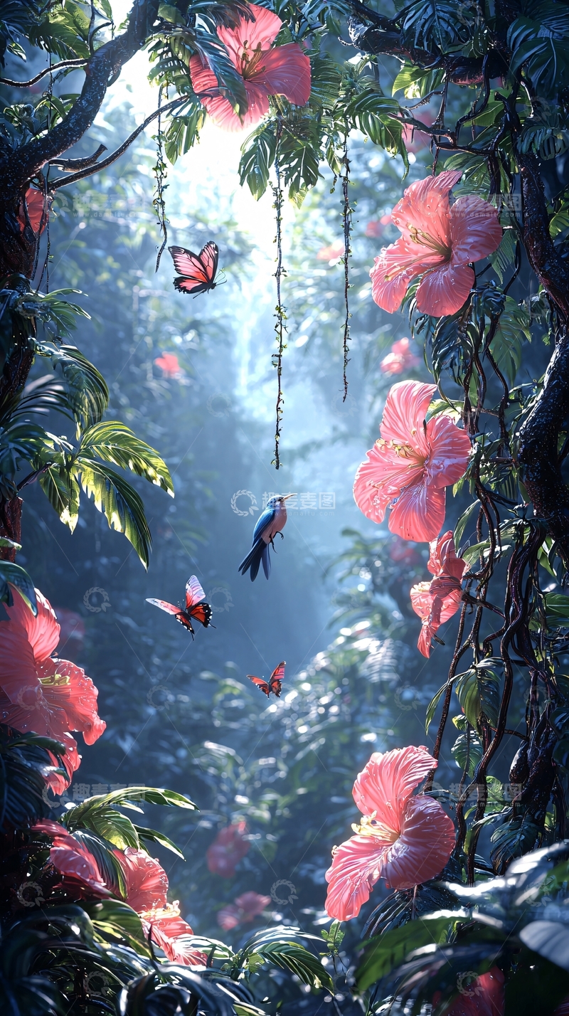 高清大图下载【趣麦麦图】梦幻森林花卉蝴蝶