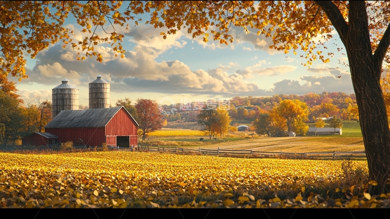 高清大图下载【趣麦麦图】秋日乡间红谷仓景色