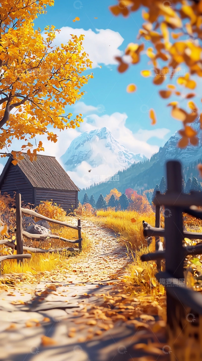 高清大图下载【趣麦麦图】秋日小屋山景田园小路