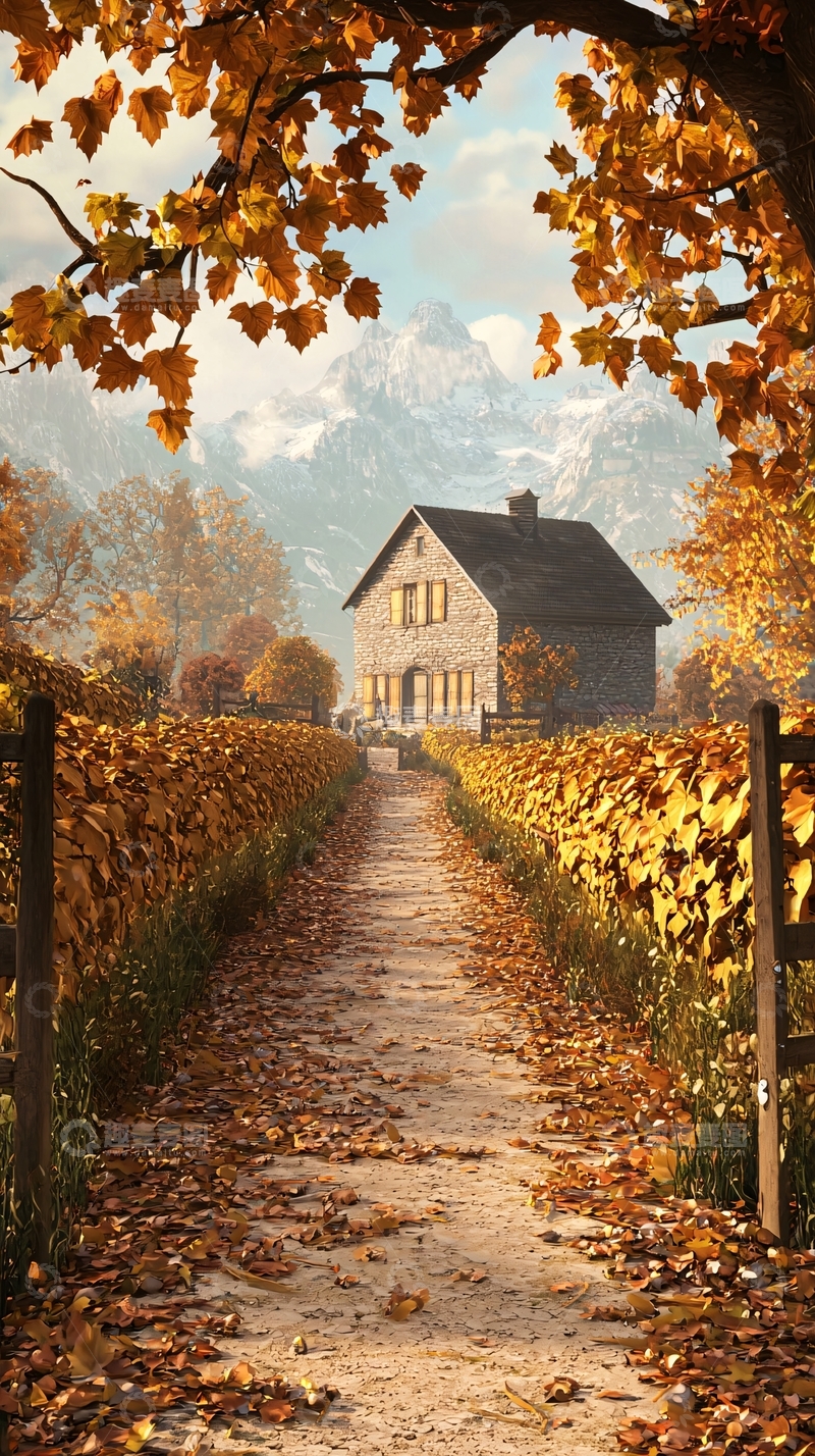 高清大图下载【趣麦麦图】秋日小路上的石屋