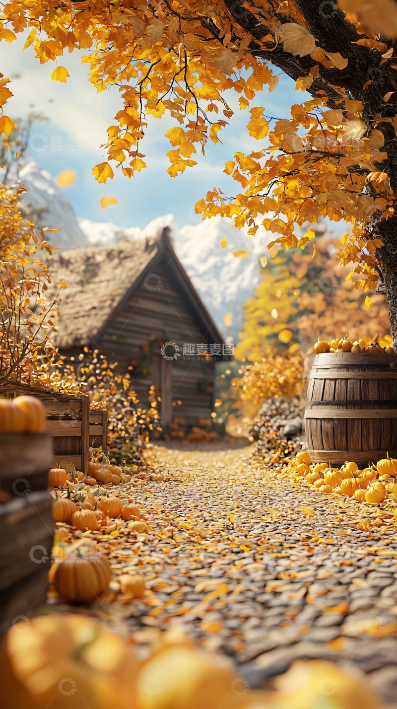 高清大图下载【趣麦麦图】秋日小屋南瓜落叶小路