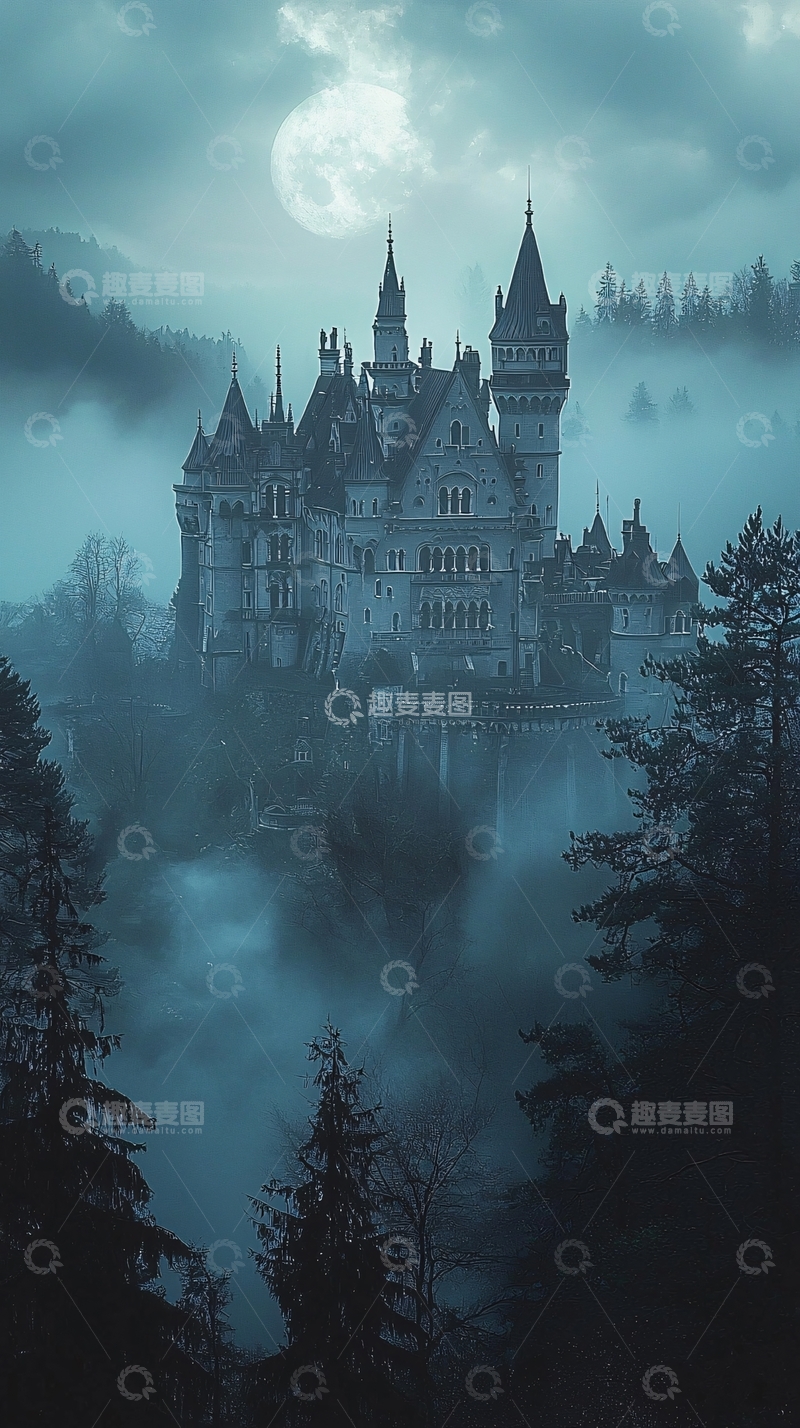 高清大图下载【趣麦麦图】雾气笼罩下的哥特式城堡
