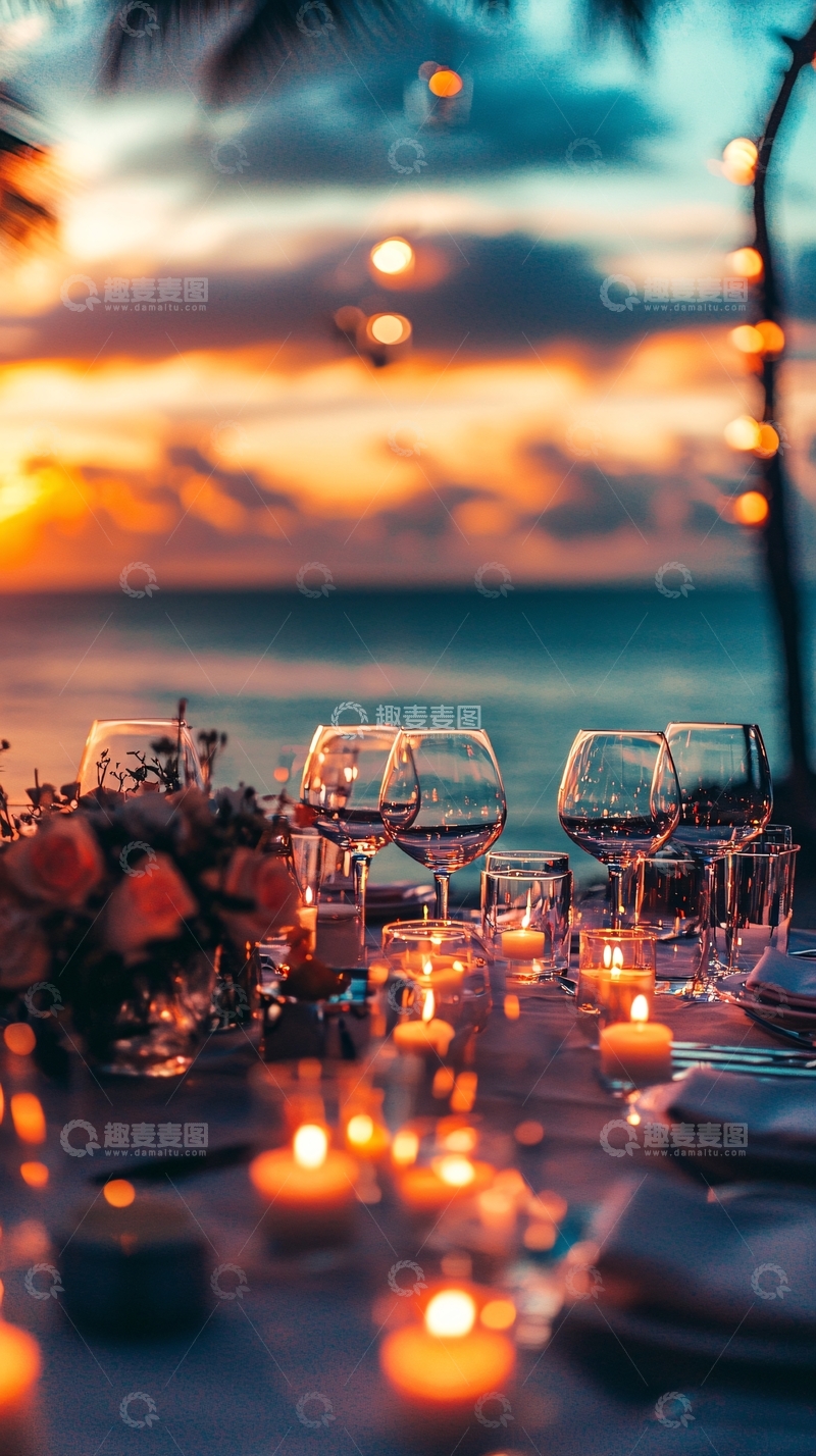 高清大图下载【趣麦麦图】海滩日落烛光晚餐