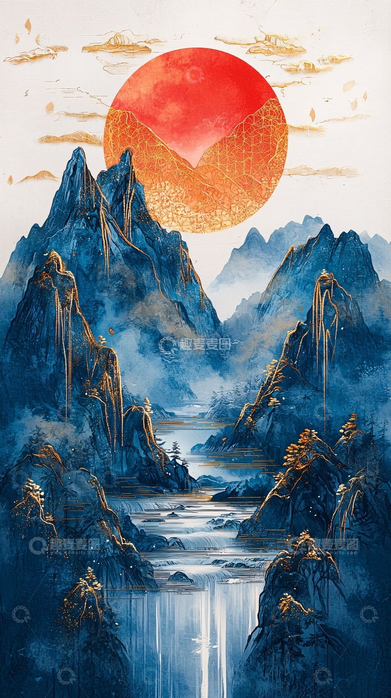 高清大图下载【趣麦麦图】红日蓝山水墨画
