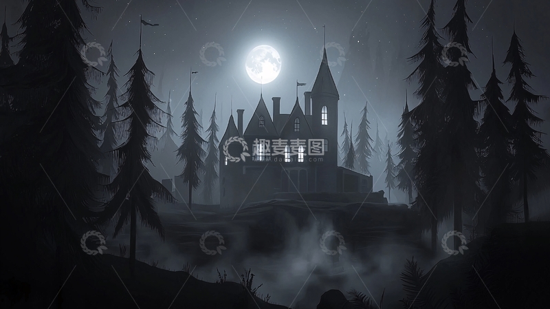 高清大图下载【趣麦麦图】夜晚森林古堡
