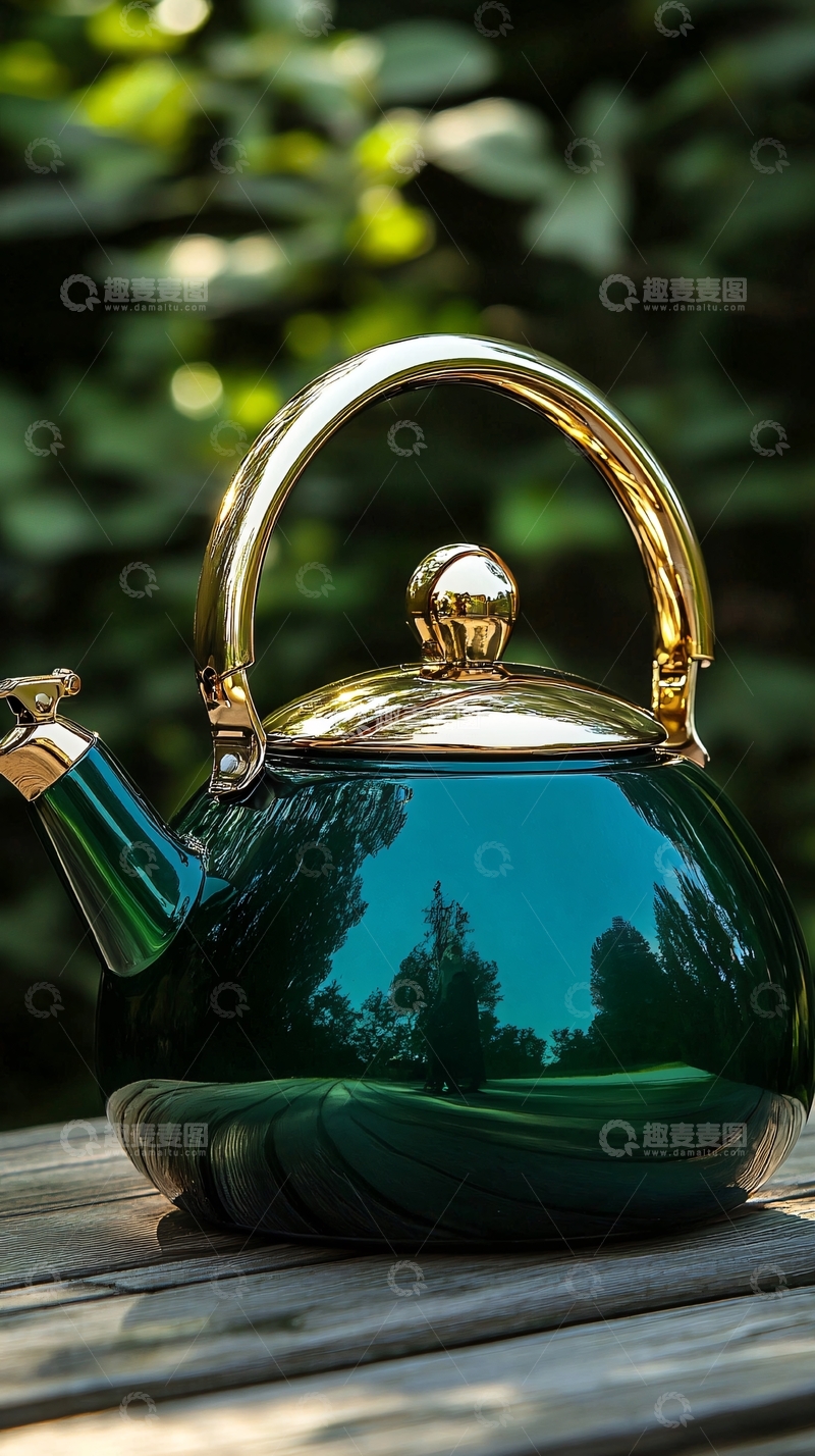 高清大图下载【趣麦麦图】绿金色金属茶壶