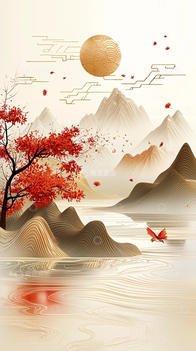 高清大图下载【趣麦麦图】红色树木山水金色太阳