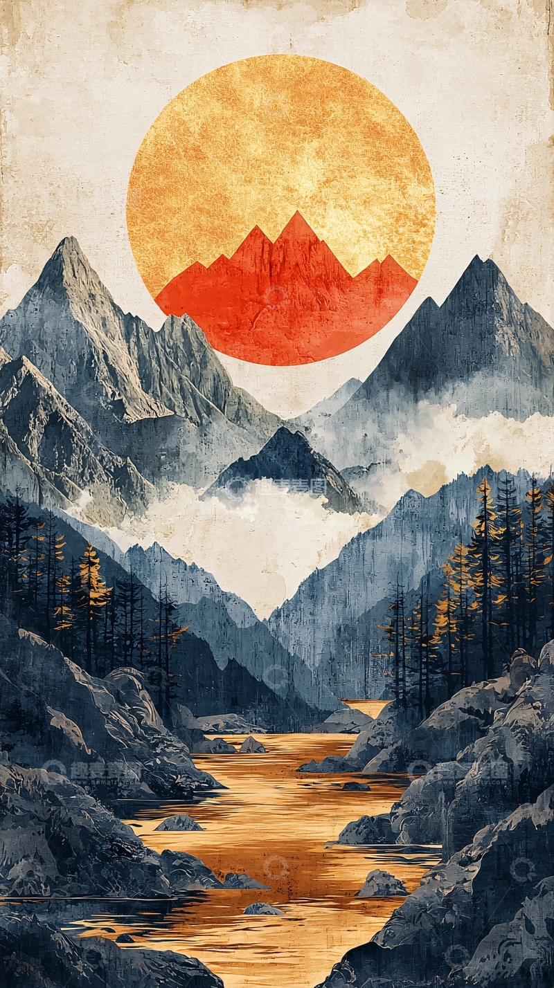高清大图下载【趣麦麦图】水墨风格山水日出图
