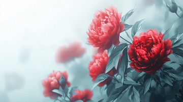 雾气朦胧的红色牡丹花