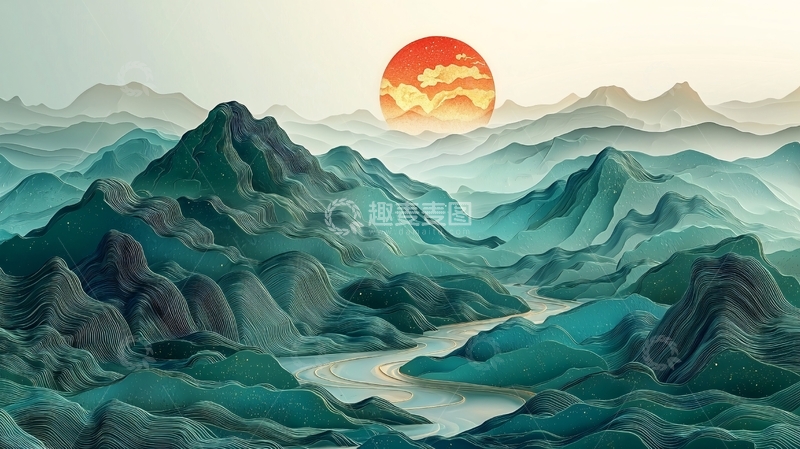 高清大图下载【趣麦麦图】翠绿山峦夕阳水流抽象画