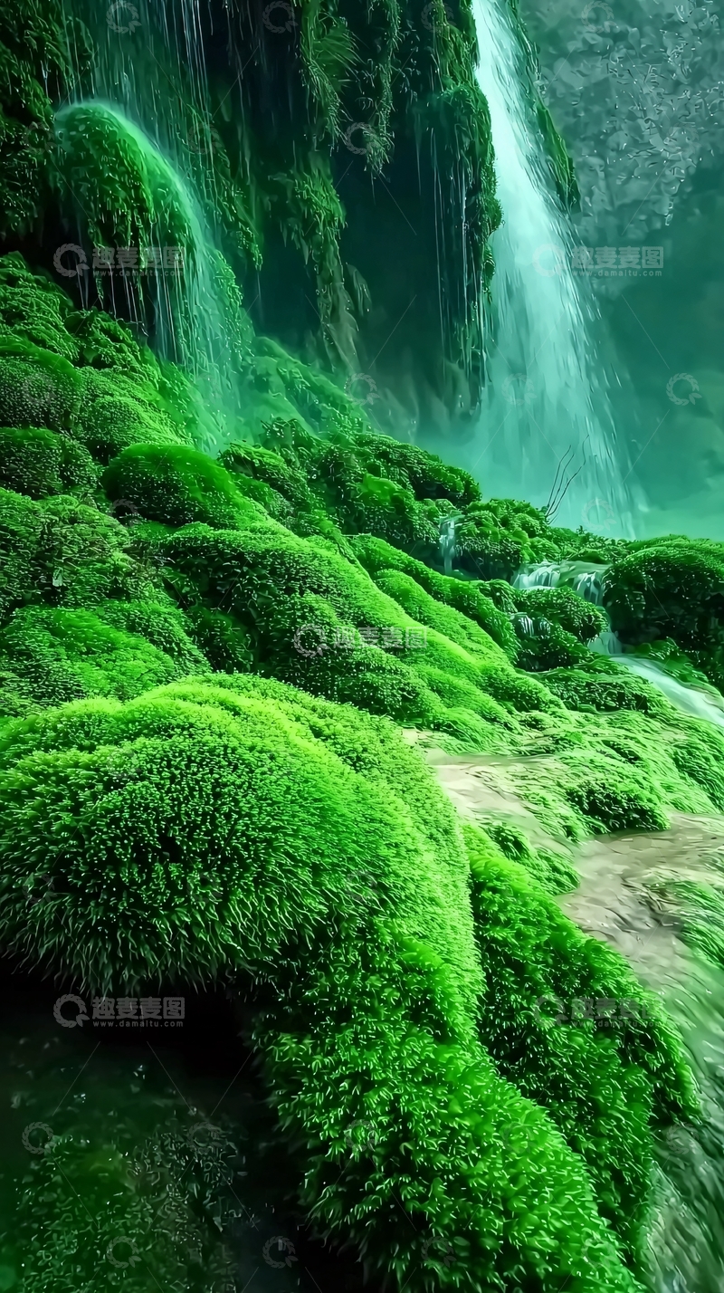 高清大图下载【趣麦麦图】瀑布苔藓绿植