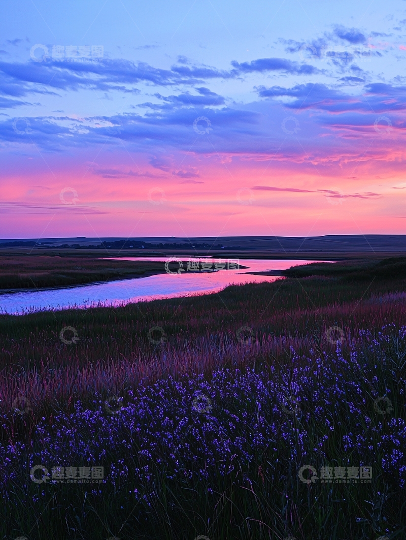 高清大图下载【趣麦麦图】粉紫色天空下的河流湿地