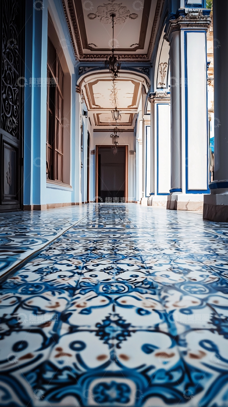 高清大图下载【趣麦麦图】蓝白瓷砖走廊