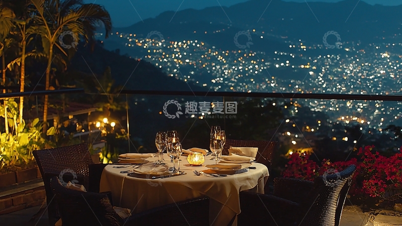 高清大图下载【趣麦麦图】山顶夜景餐厅浪漫晚餐