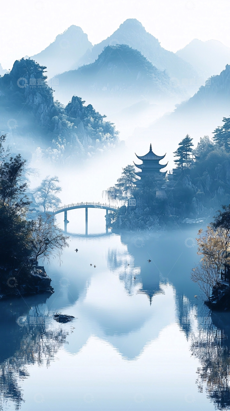 高清大图下载【趣麦麦图】水墨风山水亭台楼阁朦胧唯美意境