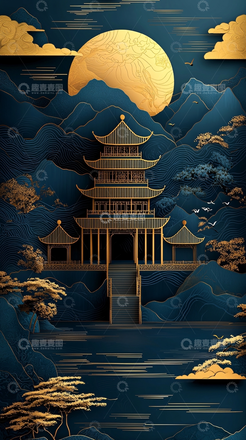 高清大图下载【趣麦麦图】中国风山水楼阁月亮