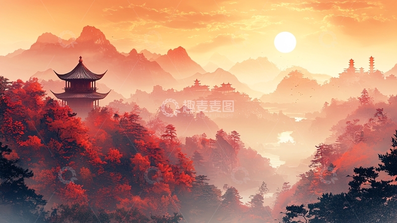 高清大图下载【趣麦麦图】红色山林间的东方建筑