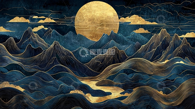 高清大图下载【趣麦麦图】金色月亮山水画