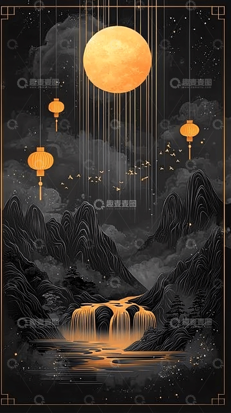 高清大图下载【趣麦麦图】水墨风月亮灯笼山水画