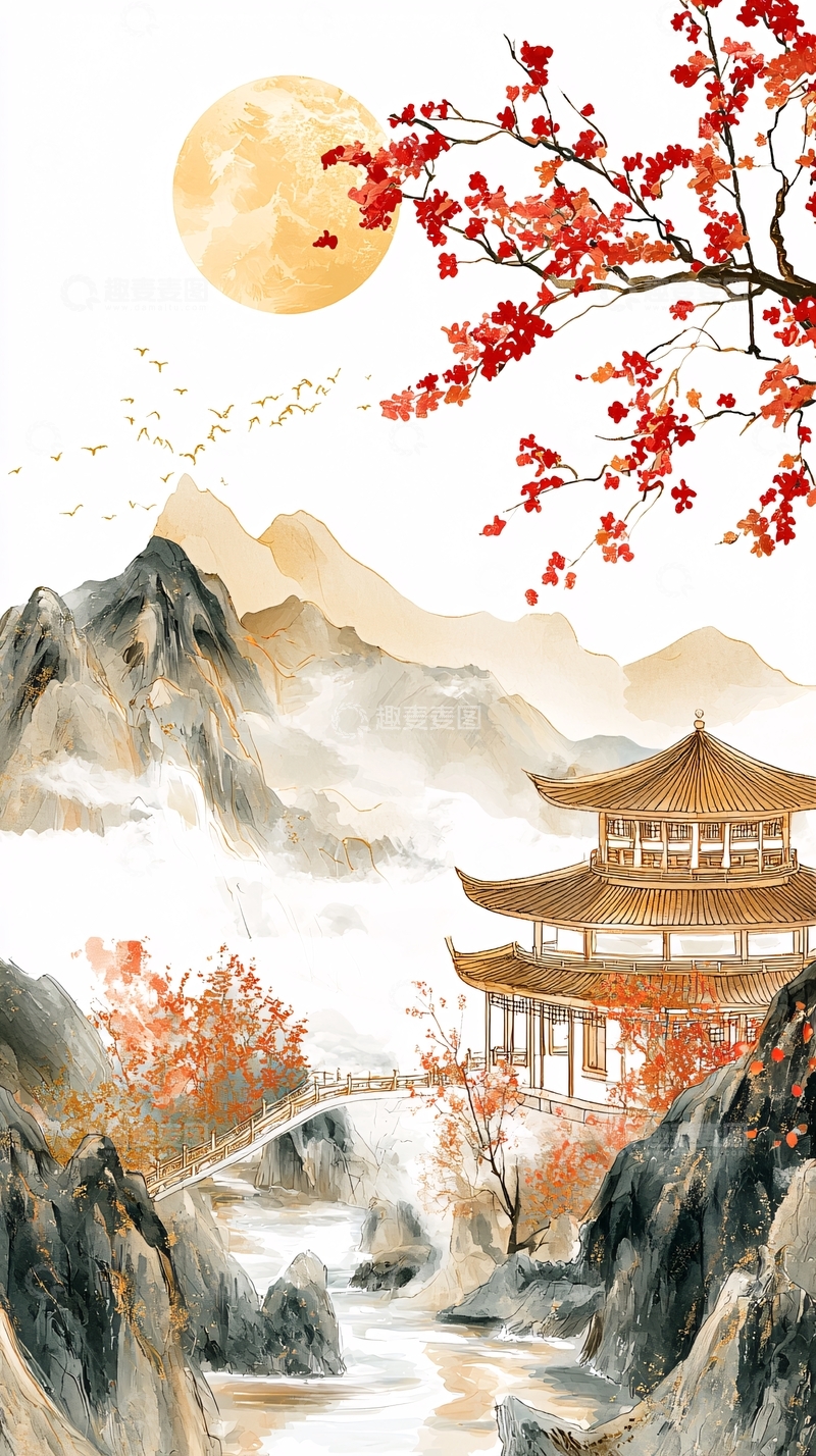 高清大图下载【趣麦麦图】水墨风山水亭台红叶月亮