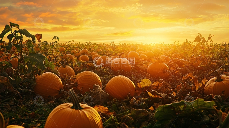 高清大图下载【趣麦麦图】日落南瓜田园丰收景象