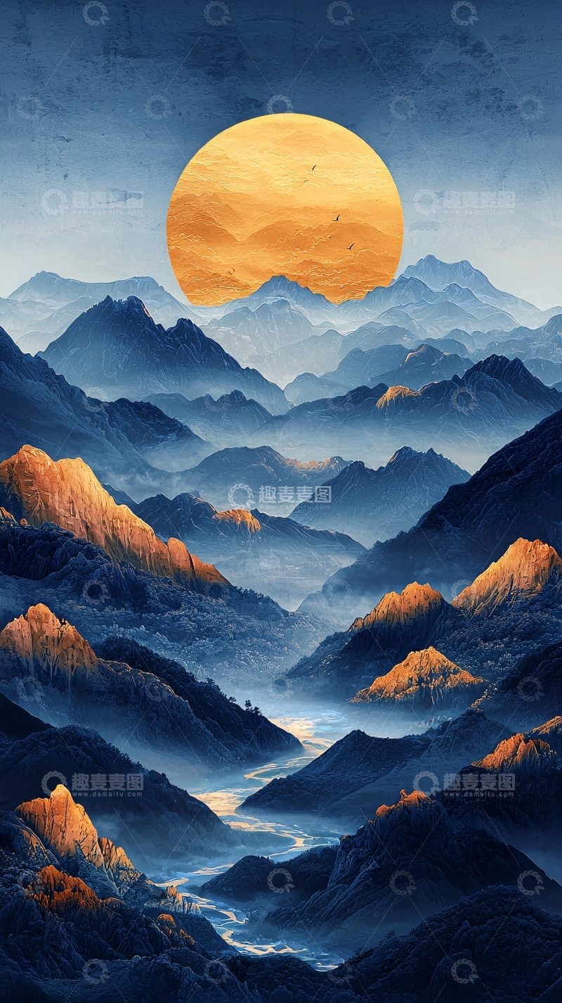 高清大图下载【趣麦麦图】山间云雾缭绕的金色大月亮