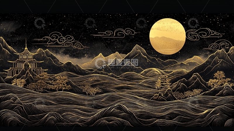 高清大图下载【趣麦麦图】金色山水画