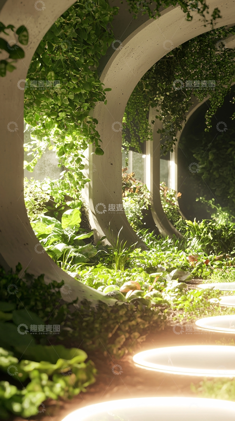 高清大图下载【趣麦麦图】绿植环绕的现代水泥拱廊