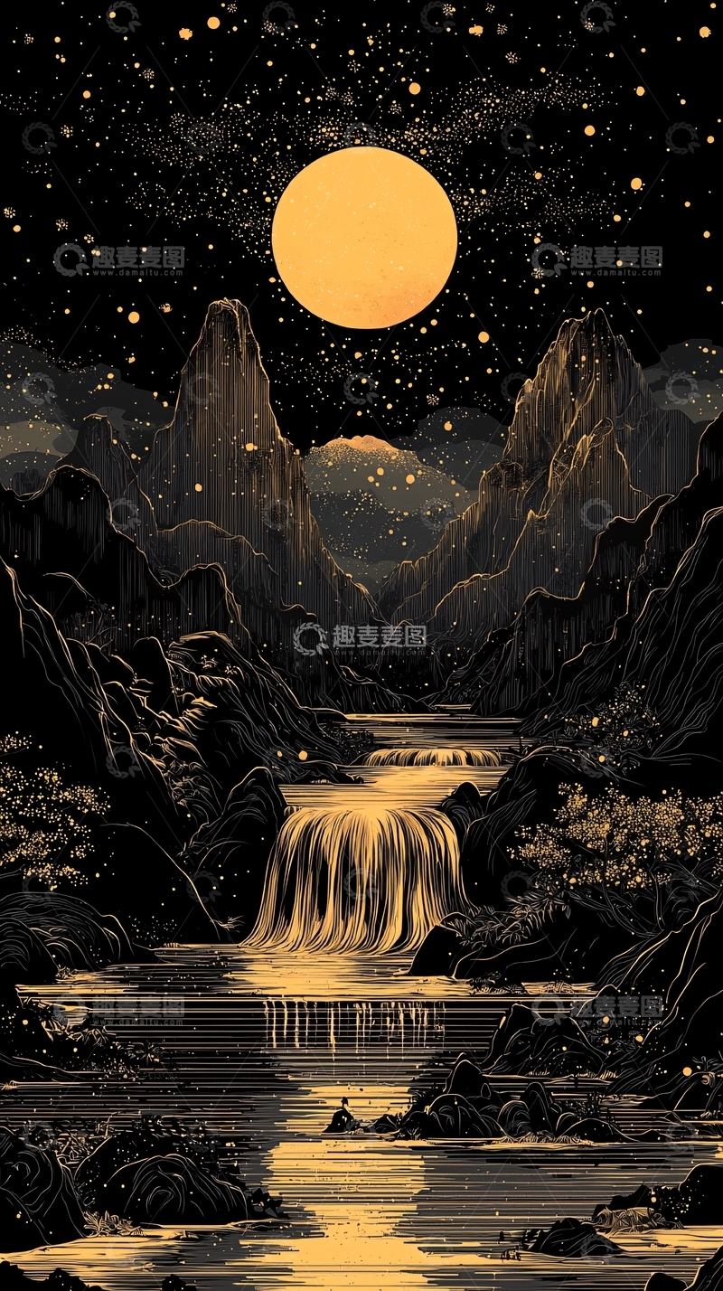 高清大图下载【趣麦麦图】金色月亮下的山水画