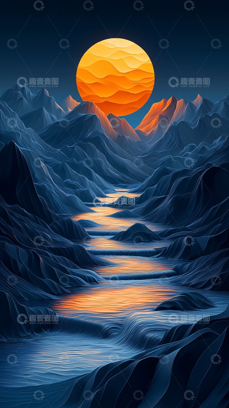 高清大图下载【趣麦麦图】夜幕下的河流与落日