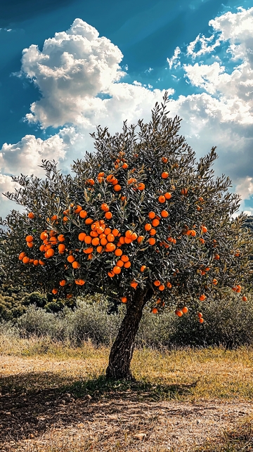 阳光下累累果实的橘子树