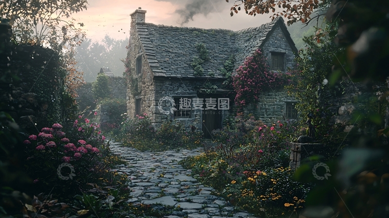 高清大图下载【趣麦麦图】雾气缭绕的石屋