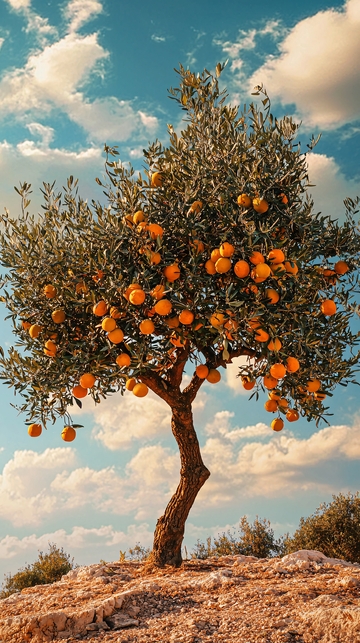 蓝天白云下的橘子树